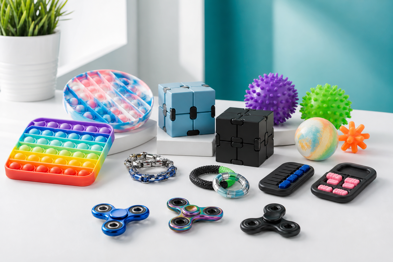 Colorful fidget toys arranged on a tabletop